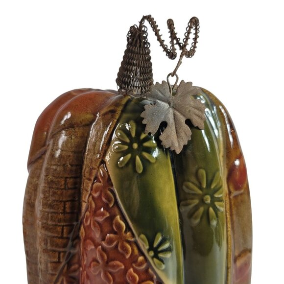 Thanksgiving Pumpkin Decor Brown Green 10.5" Fall Autumn Wire Stem Ceramic Gloss - Picture 2 of 8